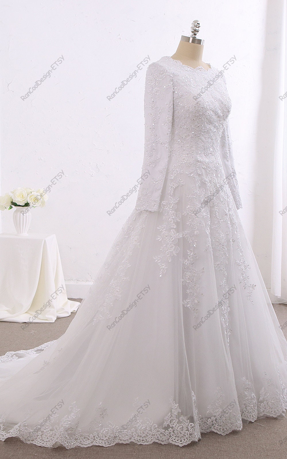 Vintage Muslim Sleeve Wedding Dress Chiffon Modest Floor Length Gown main image 1