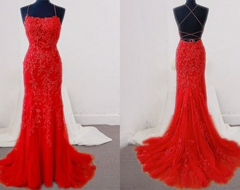 Red Mermaid Prom Dress in Lace Homecoming Dress Long Party Dress For Girls Wedding Party Dress Formal Wear