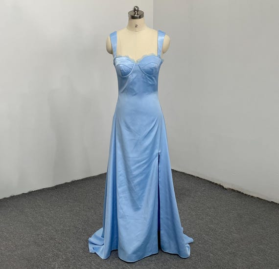 blue silk mermaid dress Two Pieces Blue Lace Mermaid Prom Dresses, 2 Pieces Mermaid Blue Lace –  jbydress main image 1