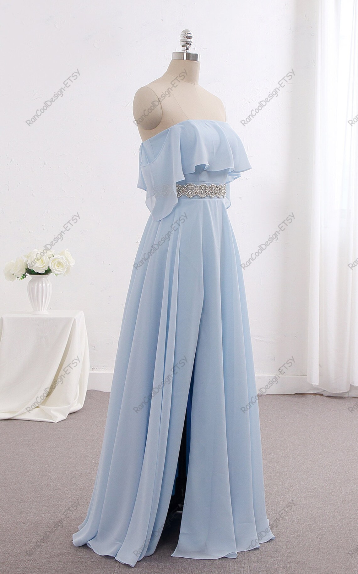 Sky Blue Chiffon Prom Dress Slit Skirt Wedding Dress Women Etsy