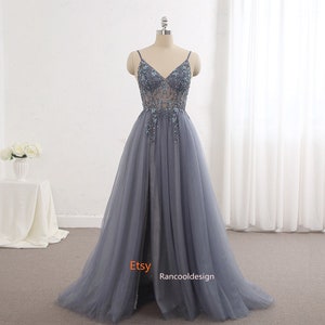 Grey Tulle Prom Dress: Beaded A-Line Gown, Slit Skirt