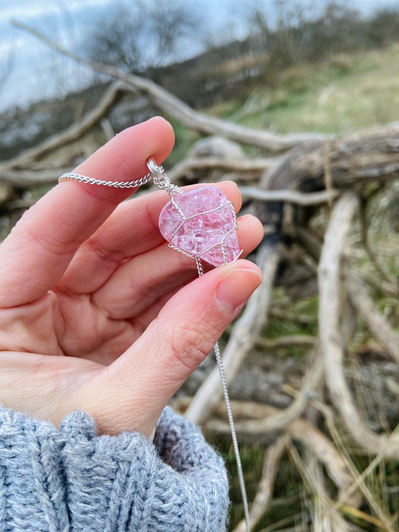 Pink Crackle Quartz tumblestone necklace on sterling silver