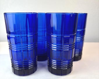 Vintage Cobalt Blue Tartan Plaid Water Glasses - Anchor Hocking Set of 4