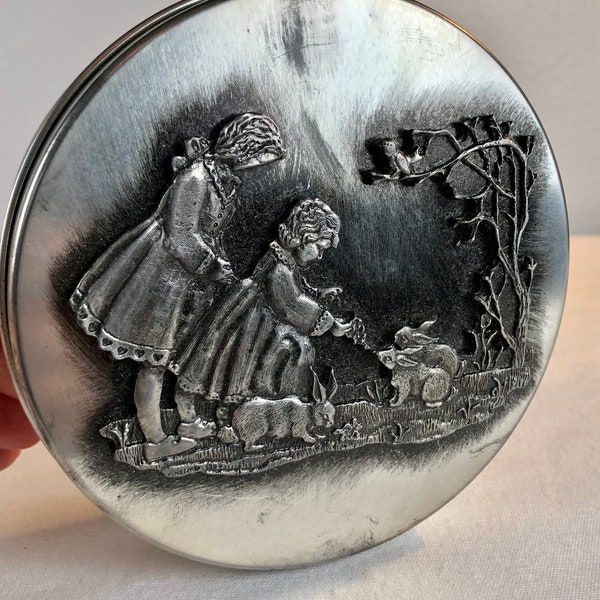 Vintage Metzke Pewter Tin - Small 5" x 2" - Girls Feeding Rabbits / Bunnies - Excellent condition.