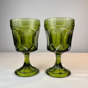 Pair of Vintage Green Glass Goblets - MCM Indiana Green Glass Stemware - Thumbprint Pattern - Set of Two Wine / Water Glasses