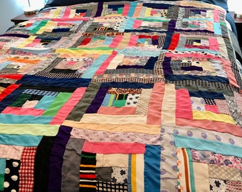 Beautiful Vintage Polyester Clothing Scrap Quilt - Strip Squares - Full Backing - Hand Sewn - Multi-Colored - 77 inches by 60 inches.