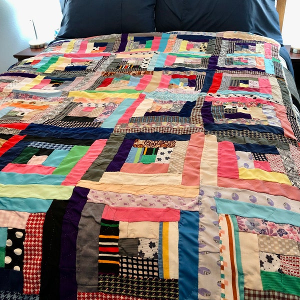 Beautiful Vintage Polyester Clothing Scrap Quilt - Strip Squares - Full Backing - Hand Sewn - Multi-Colored - 77 inches by 60 inches.