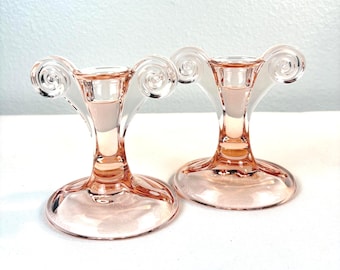 Fostoria Pink Glass Taper Candleholders Art Deco Scroll Pattern - Vintage Pink MCM Candlesticks