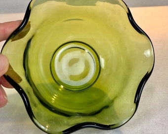 Vintage Avocado Green Glass Ruffled Edge Dip Bowl