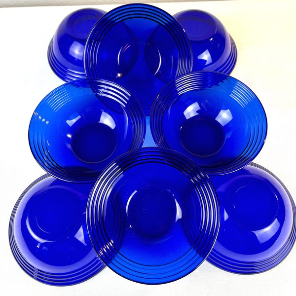 Cuencos vintage de vidrio azul cobalto con bordes acanalados - Juego de 8