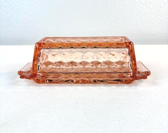 Vintage Fostoria Pink Glass Butter Dish with Lid - Cubist & Pressed Flower Design