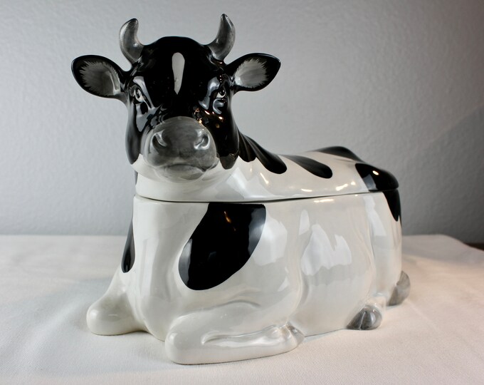 Vintage Otagiri Cow Cookie Jar Black and White Holstein Cow Ceramic
