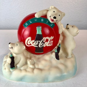 Vintage Coca Cola Coin Bank Polar Bears Playing on Red Ball - Plastic Coca Cola Bank - 1997 - See Details for Condition.