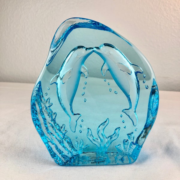 Wyland Two Dolphins Kissing Blue Carved Glass Sculpture - 5 inches x 5 3/4 inches - Dophin Art - Wyland Art Collection