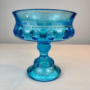 Vintage Indiana Aqua Blue Glass Pedestal Bowl - Kings Crown Thumbprint Pattern Compote / Candy / Nut Bowl - Display Catchall Dish - 5&quot; Bowl