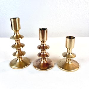 Set of 3 Brass Candlesticks - Stacked Disk Pattern Taper Candleholders