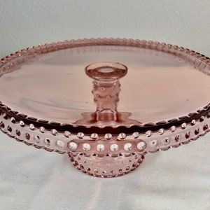 L.E. Smith Pink Hobnail Glass Cake Stand - Large Size 11" Diameter by 5" Tall - 1950's Vintage Pink Glass - Birthday / Wedding Decor