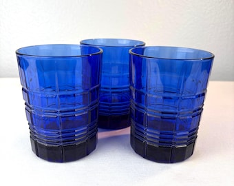 Vintage Cobalt Blue Plaid Tumbler Glasses: Anchor Hocking Set of 3