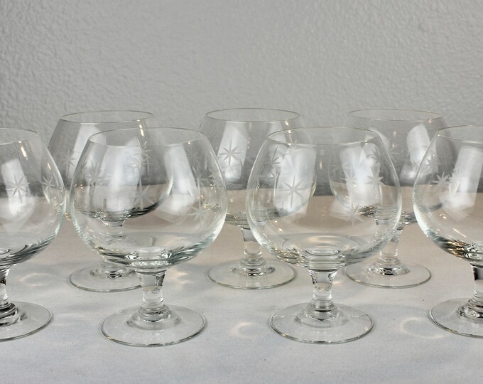 Vintage Brandy Snifters Etched Glass Star Pattern Set of 7 Mid Century