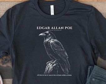 Edgar Allan Poe - Il Corvo - Stampa artistica Dark Academia - Maglietta con grafica in stile xilografia
