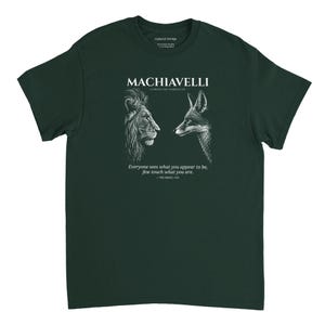 May include: Dark green t-shirt featuring a lion and a fox facing each other, with the word "MACHIAVELLI" above them. The shirt also includes the quote "Everyone sees what you appear to be, few touch what you are."