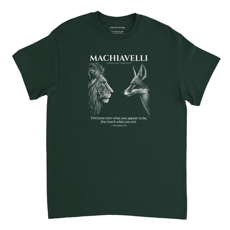 May include: Dark green t-shirt featuring a lion and a fox facing each other, with the word "MACHIAVELLI" above them. The shirt also includes the quote "Everyone sees what you appear to be, few touch what you are."