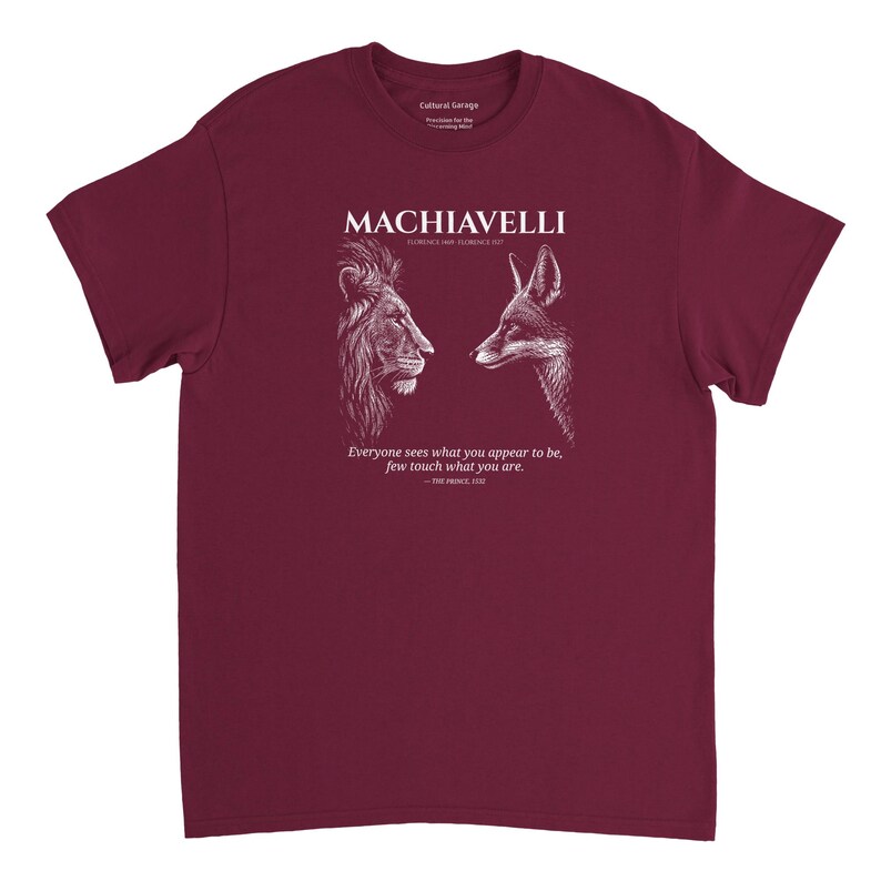 May include: Burgundy t-shirt with a white graphic of a lion and a fox facing each other. The text "MACHIAVELLI" is above the image, with the quote "Everyone sees what you appear to be, few touch what you are."