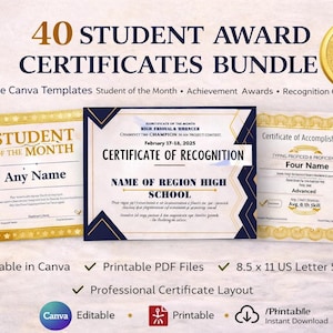 Könnte beinhalten: Ein Bundle von 40 Schüler-Auszeichnungen. Die Zertifikate enthalten Vorlagen für Schüler des Monats, Auszeichnungen für Leistungen und Anerkennungsurkunden. Die Zertifikate sind in Canva bearbeitbar und als PDF-Dateien druckbar, im Format 8,5 x 11 Zoll.
