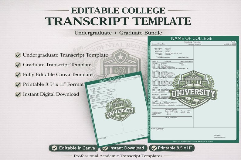 Bearbeitbare Transkriptvorlage Canva | Akademische Aufnahme Vorlage | Kursübersicht | College & High School Transkript-Layout Bild 1