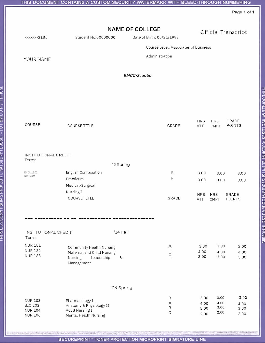 Editable University Transcript Template, College School Record ...