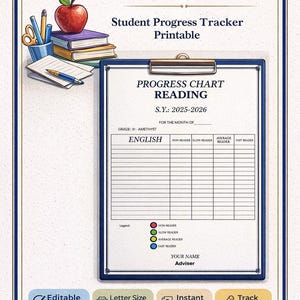 Lesefortschrittsdiagramm zum Ausdrucken, Akademische Vorlage, Schülerfortschrittstracker, Klassenzimmer-Datenblatt, Homeschool-Leselog, bearbeitbares PDF,