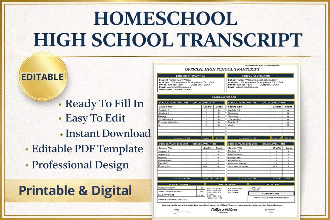Homeschool High School Transcript Template Editable Canva, Official ...