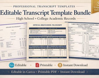 Bearbeitbares Tranriptvorlagen-Bundle | Vorlagen für High School & College Tranript | Akademische Akten Vorlage | Druckbare PDF-Download