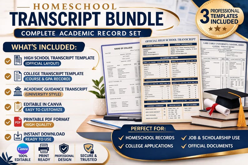 Editable Transcript Template Bundle | High School & College Transcript ...
