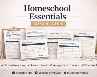 Homeschool Planner Mini Bundle Printable | Attendance Grade Tracker Assignment & Reading Log | Homeschool Organizer PDF | Editable Templates