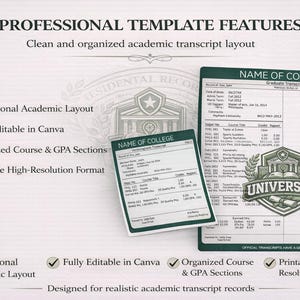 Bearbeitbare Transkriptvorlage Canva | Akademische Aufnahme Vorlage | Kursübersicht | College & High School Transkript-Layout Bild 3