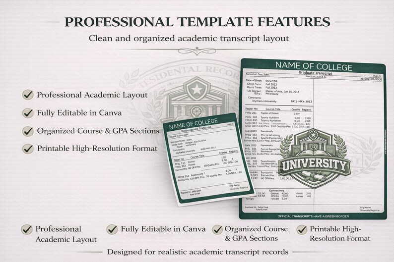 Bearbeitbare Transkriptvorlage Canva | Akademische Aufnahme Vorlage | Kursübersicht | College & High School Transkript-Layout Bild 3