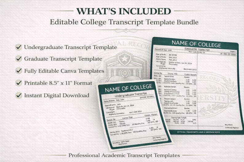 Bearbeitbare Transkriptvorlage Canva | Akademische Aufnahme Vorlage | Kursübersicht | College & High School Transkript-Layout Bild 2