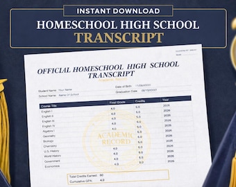 Homeschool High School Transkript Vorlage Bearbeitbar Canva & PDF, druckbare Akademische Auflistung, Schüler Abschrift für College-Bewerbungen