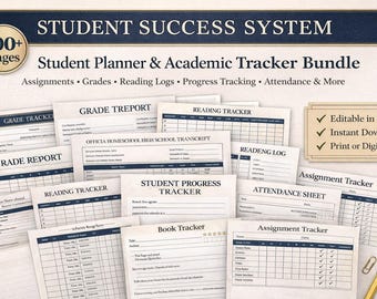Student Planner Bundle Printable, Academic Tracker System, Homeschool Planner, Grade Tracker, Reading Log, Attendance, Assignment Tracker