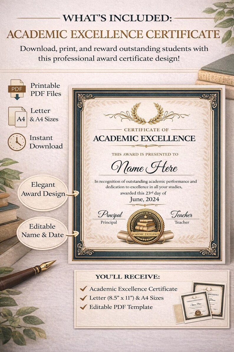 Academic Excellence Certificate Template Editable Canva, Printable ...