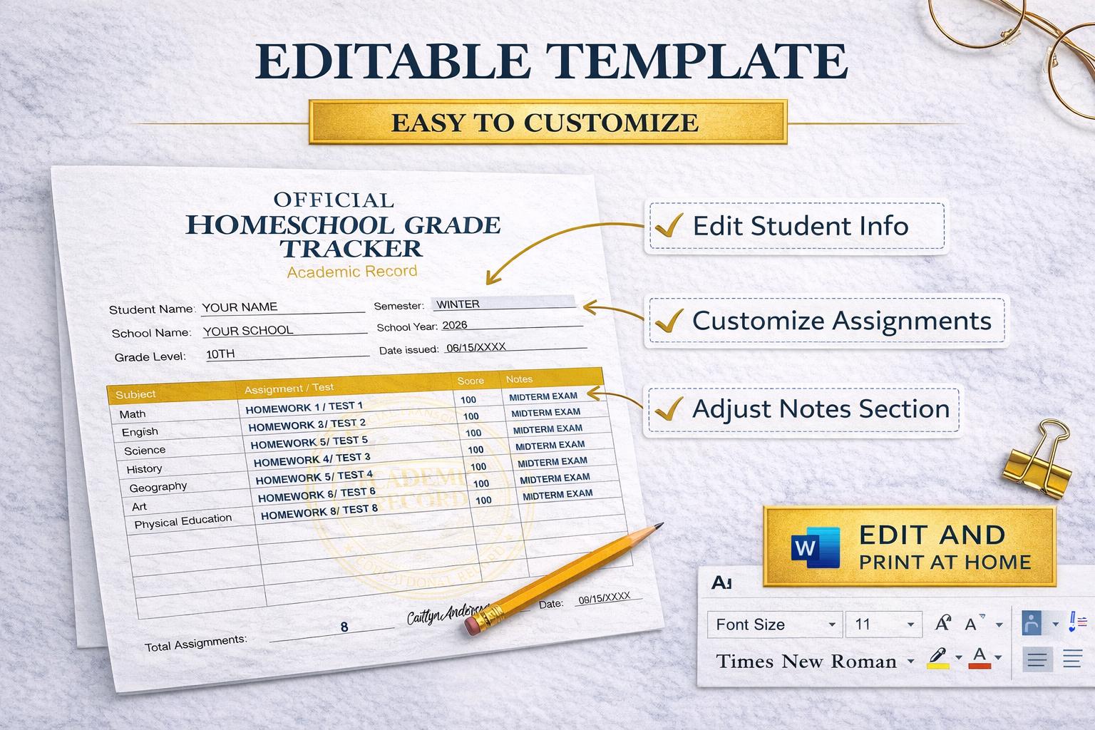 Homeschool Grade Tracker Printable, Assignment & Test Log, Academic