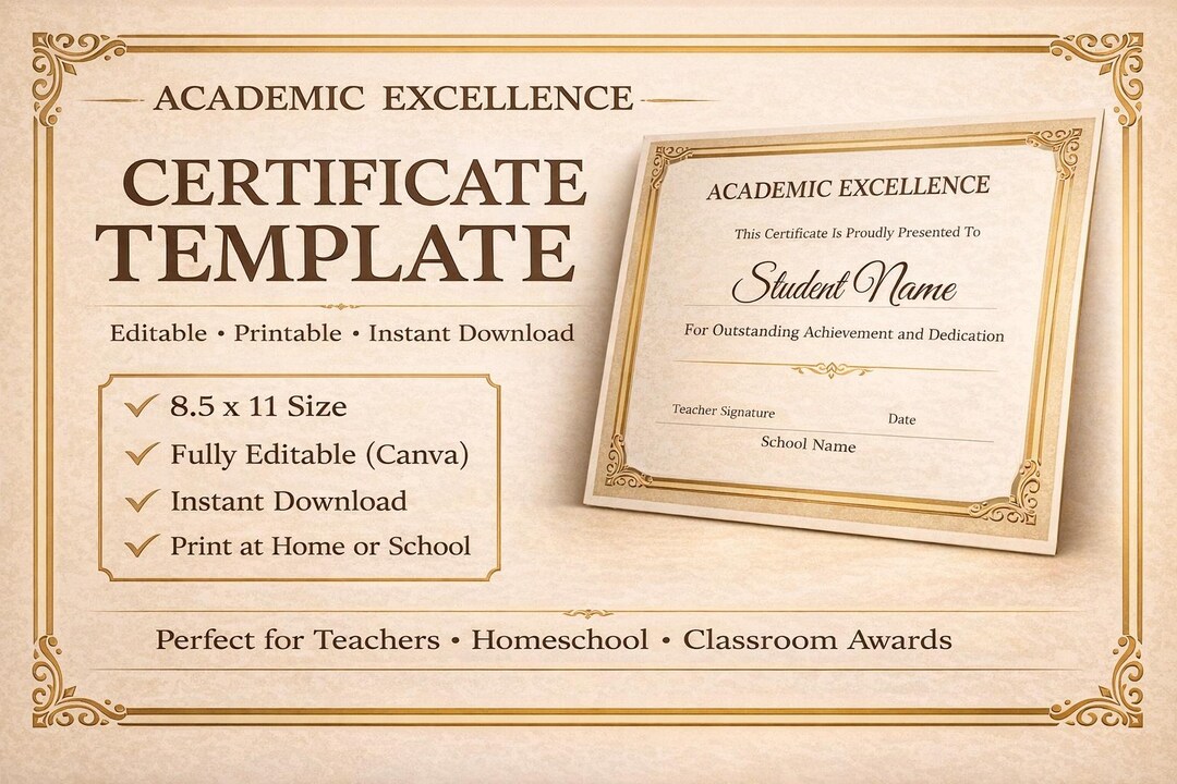 Academic Excellence Certificate Template Editable Canva, Printable ...