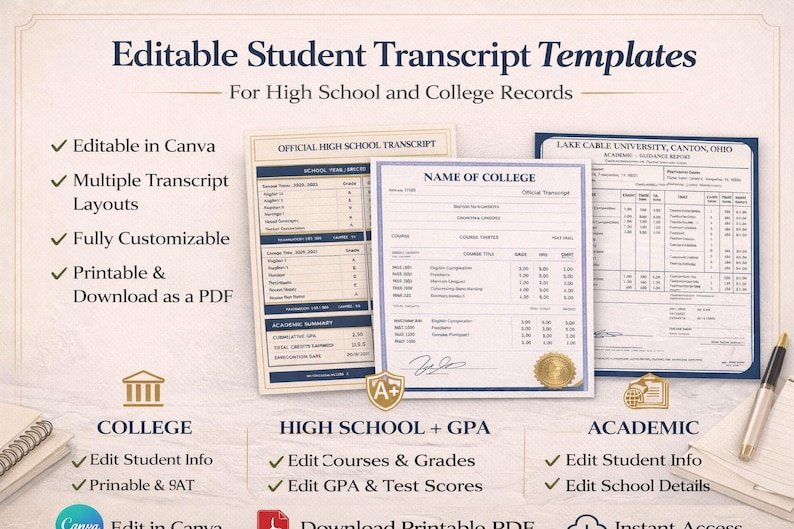 Editable Transcript Template Bundle | High School & College Transcript ...