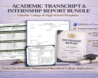 Bearbeitbares High School & College Tranript Template Bundle | Praktikum Rapport Vorlage | Akademischer Lebenslauf Canva PDF | Sofort Download
