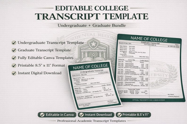Bearbeitbare Transkriptvorlage Canva | Akademische Aufnahme Vorlage | Kursübersicht | College & High School Transkript-Layout Bild 5
