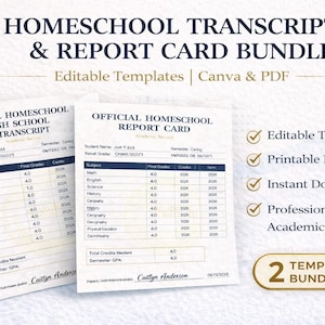 May include: Homeschool transcript and report card bundle. The image shows two official homeschool documents with editable templates, printable PDF, and instant download options. The bundle includes a high school transcript and a report card.