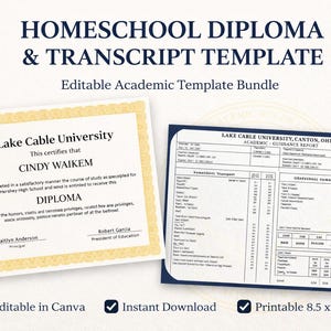 Editable Homeschool Diploma & Transcript Template | High School Academic Record | Canva Diploma Template | Printable PDF Download