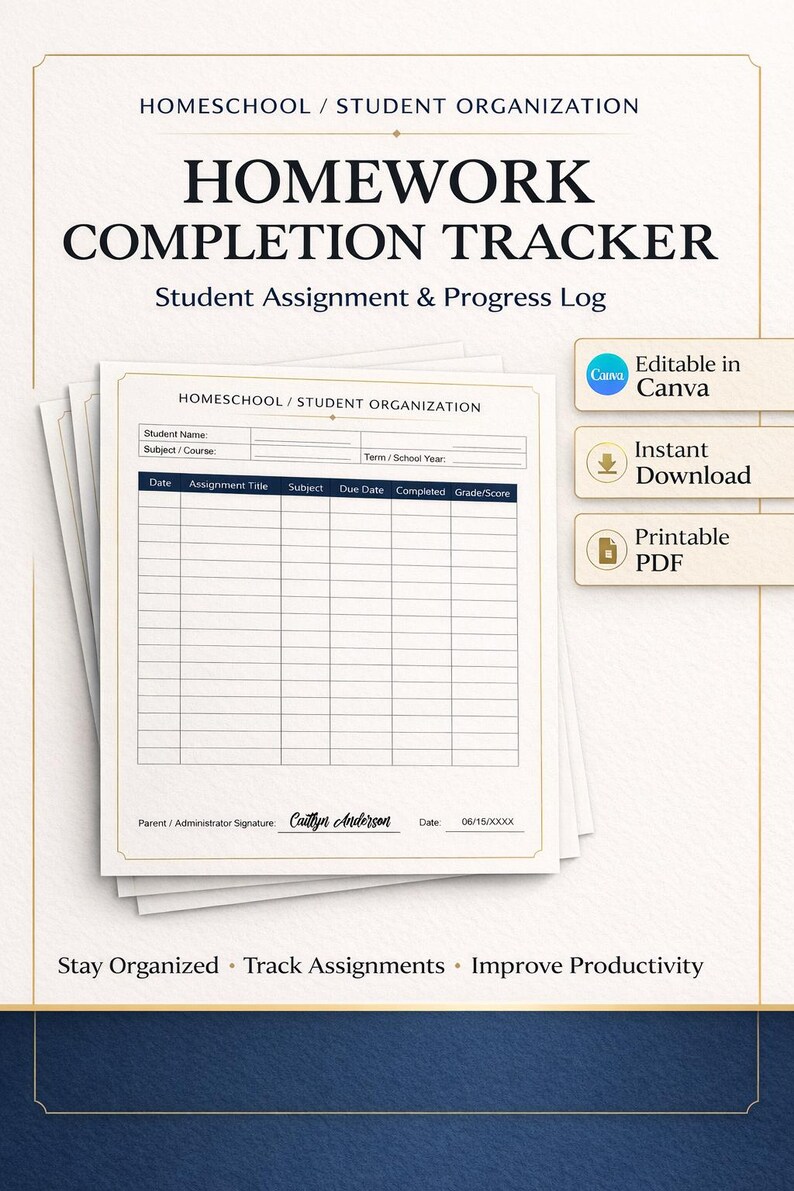 Editable Homework Completion Tracker | Student Assignment Log Printable ...
