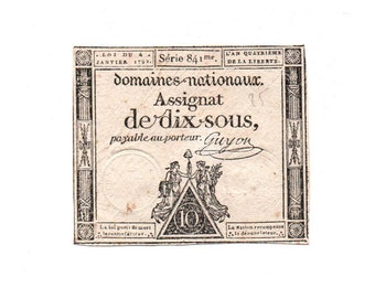 Antique French Assignat 10 Sous Faussay 1792
